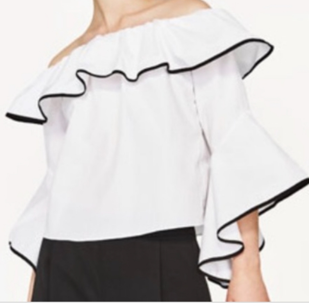 🆕️NWT Zara Poplin White Black Ruffle Top